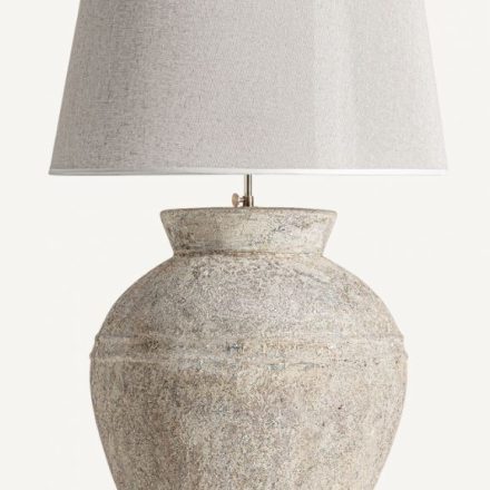 Lámpara de Sobremesa de Cerámica en Tonos Claros acabado envejecido con pantalla gris acabado jaspeado. ref.35745. 47x47x85h cm
